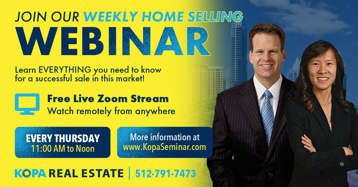 Promotional graphic for Kopa Real Estate's Weekly Home Selling Webinar. The left side features a bright yellow background with text that reads: "Join Our Weekly Home Selling Webinar. Learn EVERYTHING you need to know for a successful sale in this market! Free Live Zoom Stream. Watch remotely from anywhere." Two blue buttons display event details: "Every Thursday 11:00 AM to Noon" and "More information at www.KopaSeminar.com." The bottom banner displays "Kopa Real Estate | 512-791-7473." The right side shows real estate broker Eric Peterson and a female colleague in professional business attire, smiling in front of a blue-tinted Austin skyline background.